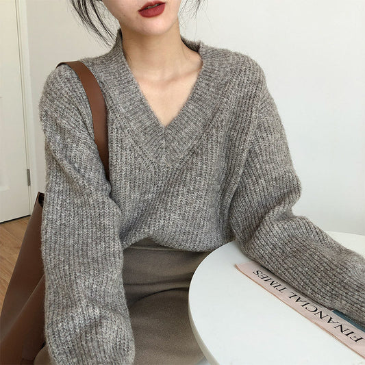 jinran Fall outfits Sweater Lazy Style V-neck Pullover Women's Loose 2024 Autumn and Winter Korean Style New Retro Women's Sweater