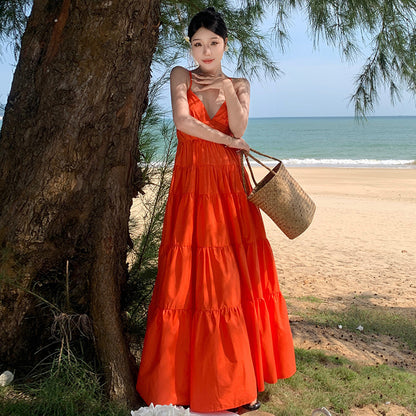 2025 Jiang Shuying star with the same backless suspender skirt seaside vacation beach skirt high waist solid color pendulum dress women's summer