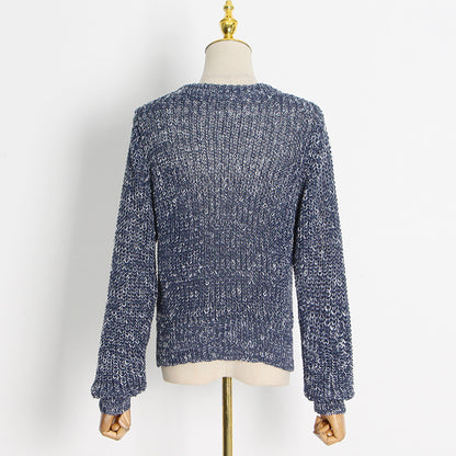 2025 Temperament Personality Heavy Industry Knitted Top  Spring New Crew Neck Long Sleeve Hollow Thick Chain Decorative Sweater Women