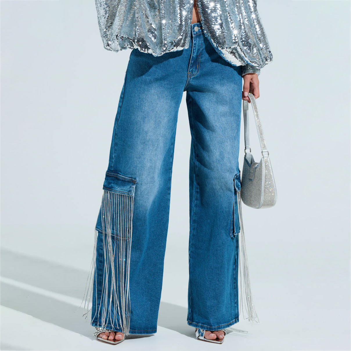 2025 New retro wind drill chain fringed design straight jeans women's spring and summer new washed old trousers women