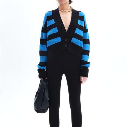 spring Popular, , Russia sweater women's New color contrast loose design sense knitted cardigan jacket women