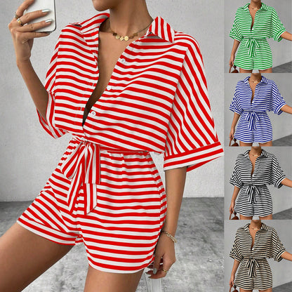 2025 spring and summer  Popular trade New striped lapel cardigan button medium sleeve belt shorts set onesie women