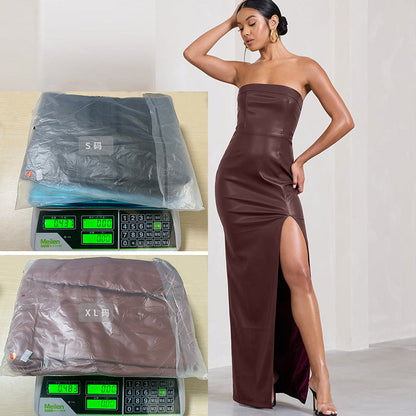 jinran 2024 fall fashion trends Summer Women's Sexy Tube Top Dress off-the-Shoulder Slim-Fit Long PU Leather Dress for Women