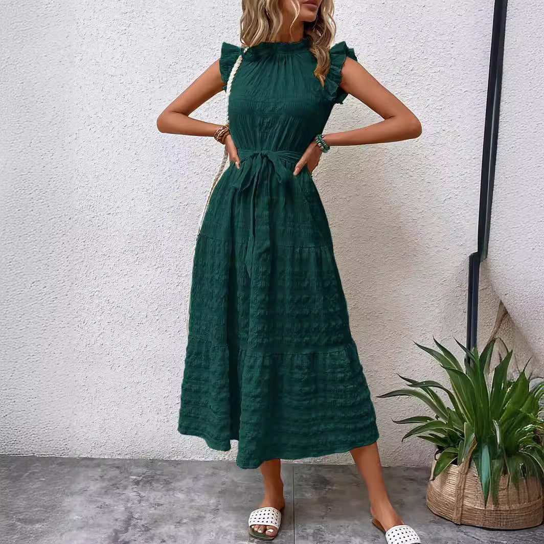 2025 Popular, ,  New women's clothing summer new fashion fungus edge flying sleeves lace-up textured dress