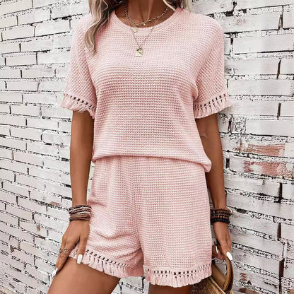 2025 Popular, ,  New women's clothing summer new solid color simple versatile fringe trim texture two-piece set