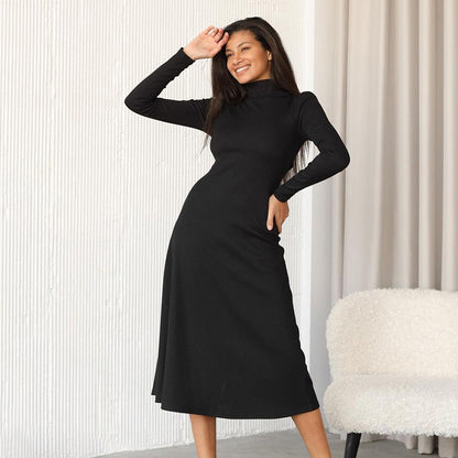 2025 fashion light luxury turtleneck long-sleeved dress black backless lace-up long dress A-shaped skirt, new women's clothing in autumn