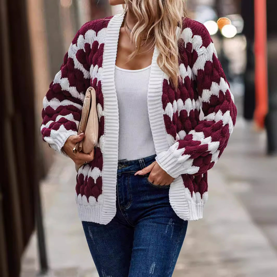 jinran sambas outfits New Autumn and Winter Women's Clothing Contrast Color Knitted Women's Cardigan Sweater