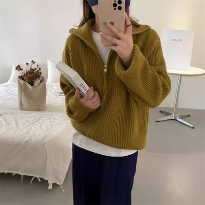 jinran mens fashion Korean Style Half Zipper Sweater Women's Autumn and Winter New Style Pit Design Sense Stand Collar Soft Glutinous Loose Outer Wear Sweater Top