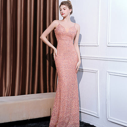 2025 Evening dress female high-end high-end celebrity style thin banquet temperament host sequined fishtail long dress