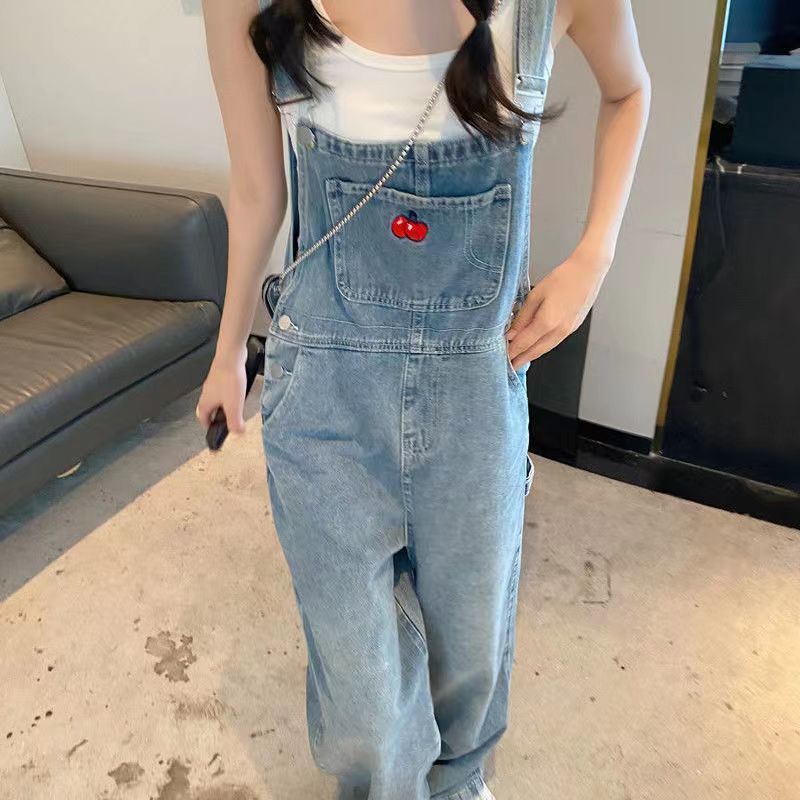 jinran outfit ideas Design Sense Spring and Summer Embroidered Wear Denim Suspender Pants Women's Salt Retro Small Tooling High Waist Straight Jumpsuit