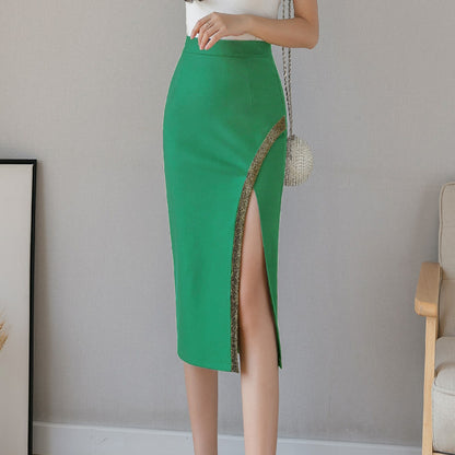 2025 Large size crystal strip splicing split skirt women's  spring and summer new sexy and thin hip skirt medium and long professional wear