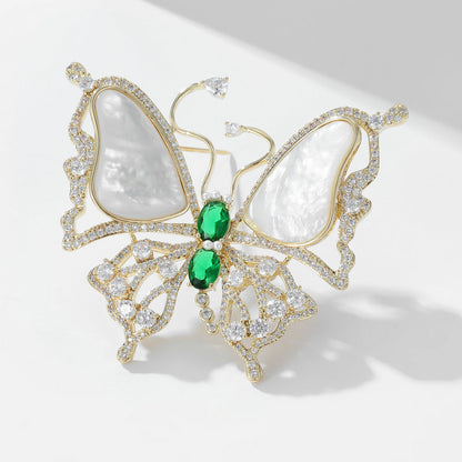 2025 New high-end natural mother shell brooch light luxury elegant Chinese style emerald zircon inlaid butterfly brooch