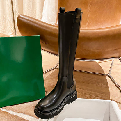 2025 Cowhide version~ New inner height-increasing chimney knight boots women's warm and velvet elastic thick-soled knee-length boots