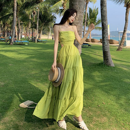 2025 New seaside vacation dress sexy niche retro  coffee break pleated hollow temperament suspender long dress women