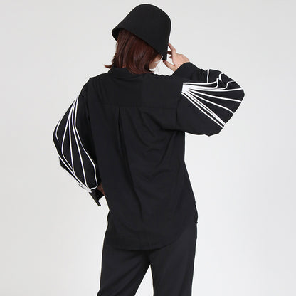 2025 Niche design retro personalized shirt  spring new fashion lapel lantern sleeve striped loose top women