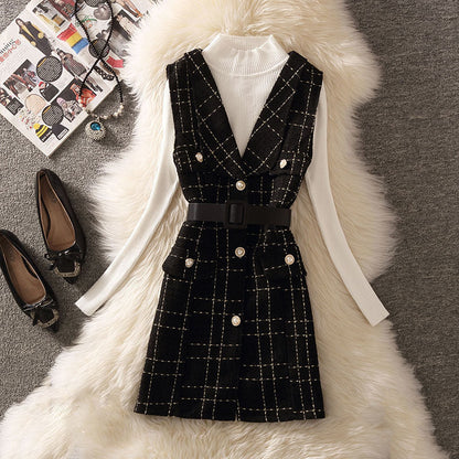 jinran fall outfits 2024 Woolen Dress Women's Fashion Suit Age-Reducing Autumn New Plaid Sling A- line Vest Skirt Knitted Bottoming Shirt