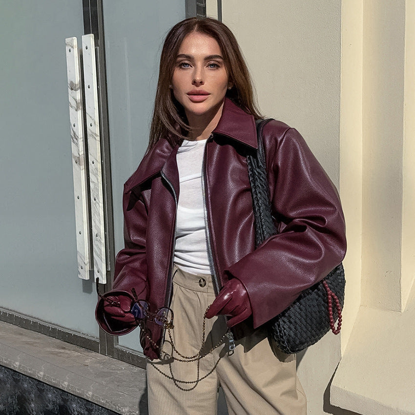 jinran moto jacket outfit Retro Motorcycle Style Wine Red Leather Coat for Women 2024 Autumn Fashionable Matte Leather Jacket Coat for Women