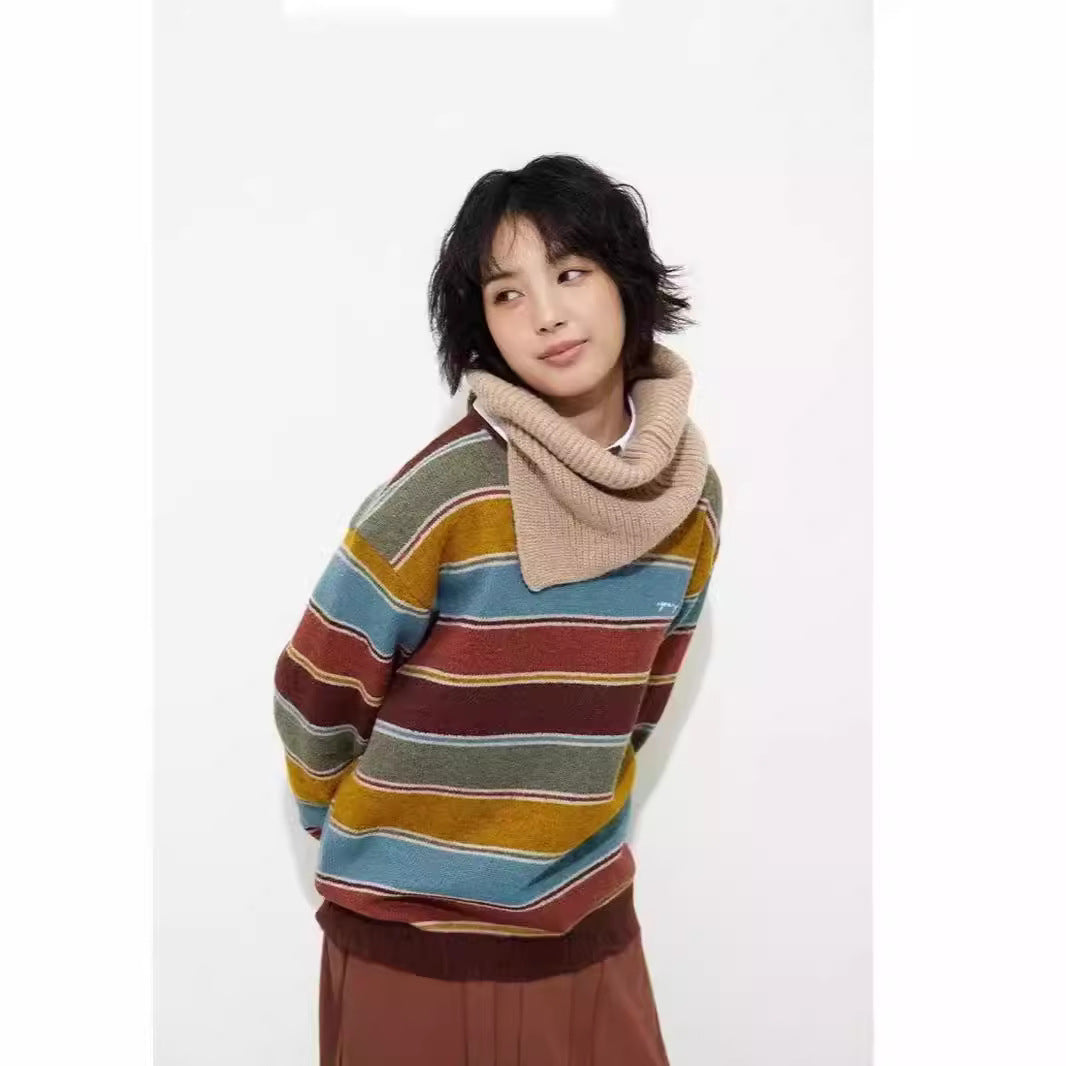 jinran sweater 2024 New Retro Preppy Style Colorful Striped Sweater Women's Sweater Stacked Striped Sweater Fashion