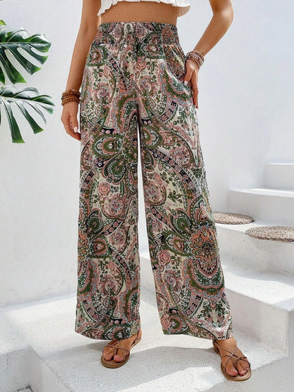 2025 Tiktoktemu  women's clothing  summer new fashionable versatile printed elastic waist wide-leg pants
