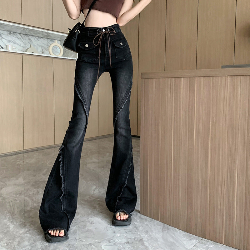 jinran concert outfit ideas American-Style Retro Frayed Lace-up Micro-Pull Denim Trousers Women's New Hot Girl High Waist Stretch Flared Pants