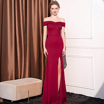 2025 Evening dress women's high-end simple banquet slim shoulder fishtail host dinner party fishtail long dress