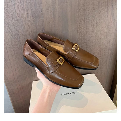 2025 Cowhide version~ Grape mother, the same British style leather can be stepped on with a small gold buckle and a pedal on loafers, women's small leather shoes.