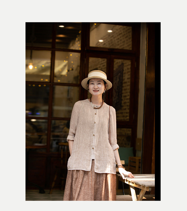 2025 popular spring light linen cardigan color breathable literary and casual versatile sunscreen shirt women's summer commute A0837
