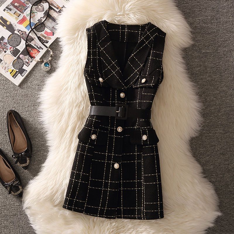 jinran fall outfits 2024 Woolen Dress Women's Fashion Suit Age-Reducing Autumn New Plaid Sling A- line Vest Skirt Knitted Bottoming Shirt