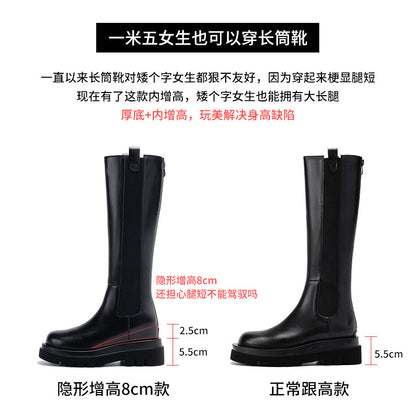 2025 Cowhide version~ New inner height-increasing chimney knight boots women's warm and velvet elastic thick-soled knee-length boots