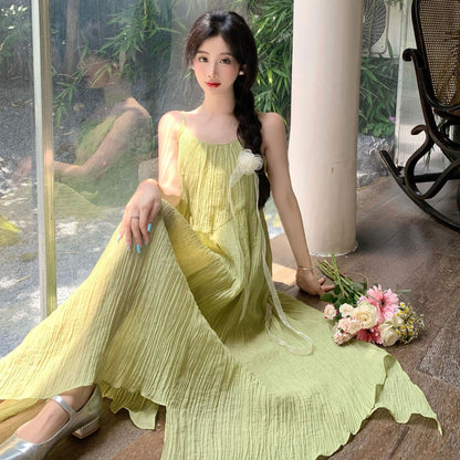 2025 texture suspender dress women's summer loose Sanya seaside vacation elegant green beach long skirt