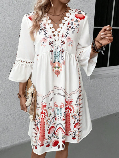 2025 Popular, ,  New women's clothing, summer new V-neck lace splicing casual versatile printed dress