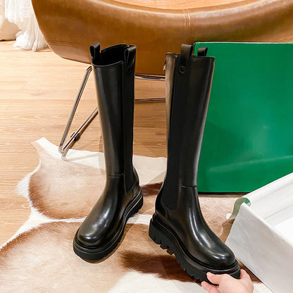 2025 Cowhide version~ New inner height-increasing chimney knight boots women's warm and velvet elastic thick-soled knee-length boots