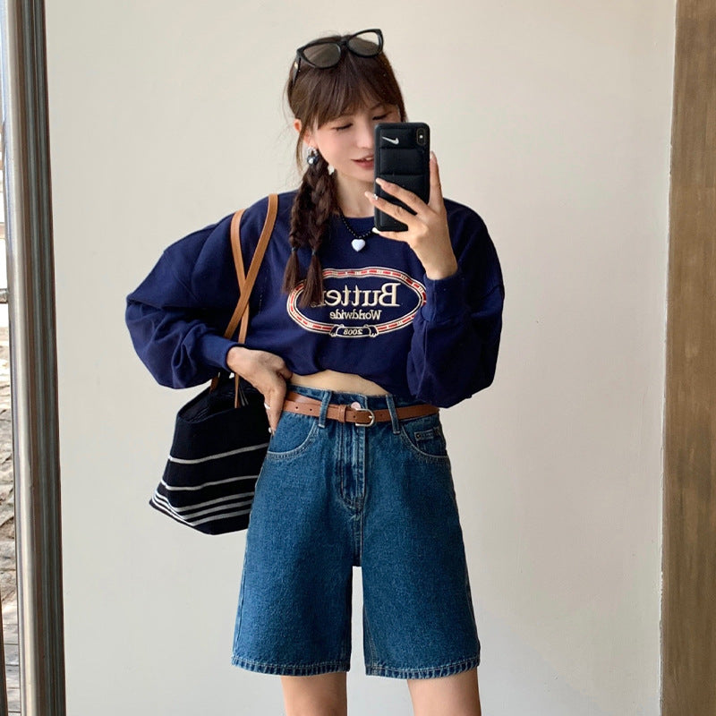 jinran masc outfits Denim Blue Denim Shorts Women's Summer Fashionable Letter Embroidered High Waist Loose Slimming Straight Wide Leg Pants