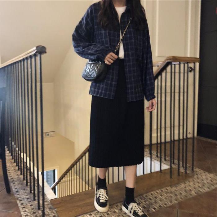 jinran 90s streetwear Plaid Shirt Chic Korean Style Loose Autumn New Preppy Style Lantern Sleeve Mid-Length Lapel Women's Shirt Fashion