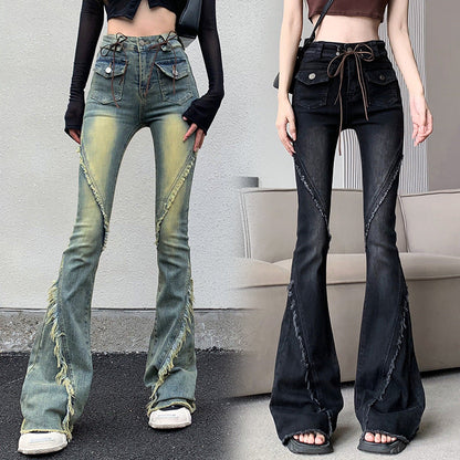 jinran concert outfit ideas American-Style Retro Frayed Lace-up Micro-Pull Denim Trousers Women's New Hot Girl High Waist Stretch Flared Pants