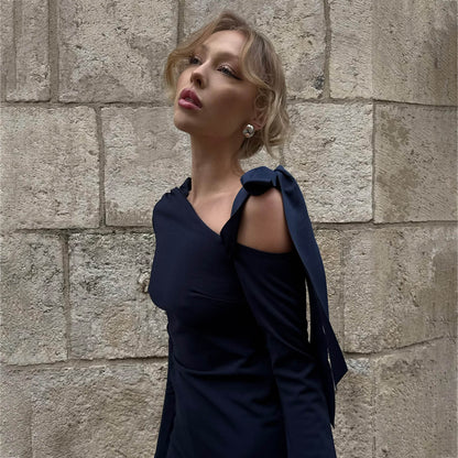 2025 sexy slanted shoulder bow strap slim dress long dress spring temperament high split long sleeve dress