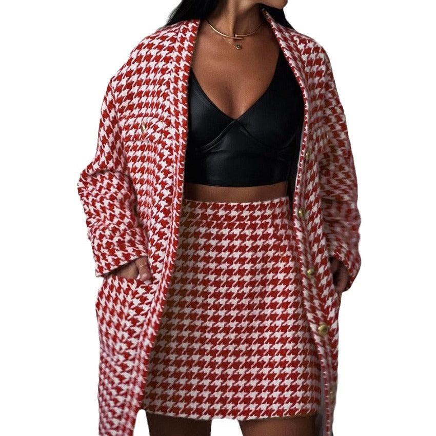 jinran 2024 fall fashion trends New Fashion Plaid Texture Pocket Button Temperament Long Sleeve Cardigan Suit Skirt