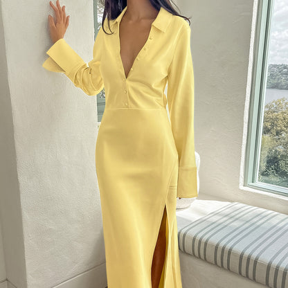 2025 Satin temperament lapel flared sleeve split high waist dress popular  new spring fashion wholesale long dress
