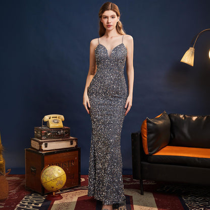 2025 Evening dress female high-end high-end celebrity style thin banquet temperament host sequined fishtail long dress