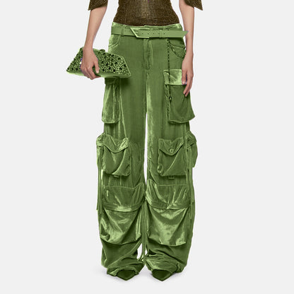 2025 spring new fashion design sense splicing pocket decorative design sense high waist velvet pants straight overalls