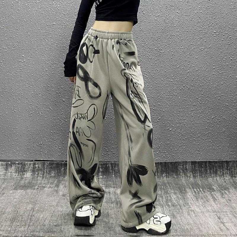 jinran outfits Printing Loose All-Match Sports Casual Pants for Women Spring New Western Style High Waist Slimming Straight Wide Leg Pants