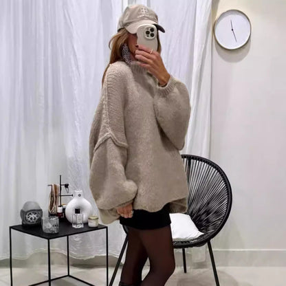 jinran  fashion Autumn and Winter New Loose Half Turtleneck Commuter Style Fake Reverse Wear Knitted Pullover Solid Color Sweater for Women