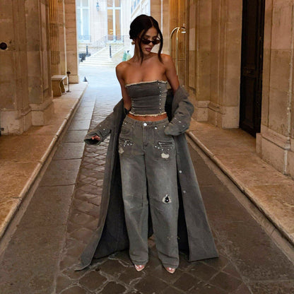2025 New retro style old Spice Girls denim suit women's clothing high-end spring and summer sexy tube top suit women