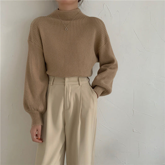 jinran fall fashion Japan and South Korea ~ 2024 New Bottoming Half Turtleneck Solid Color Lantern Sleeve Korean Style Knitted Sweater Top for Women