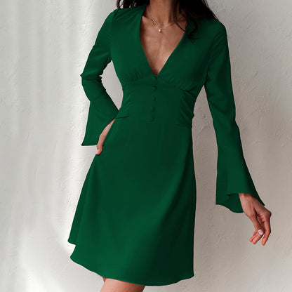 2025 temperament imitation satin acetate V-neck horn sleeve dress popular  spring new fashion wholesale women