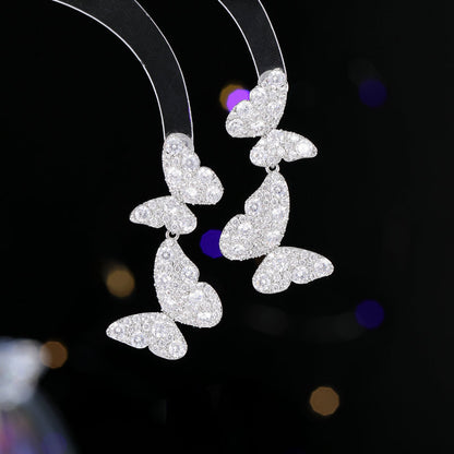 2025 Exquisite full diamond double butterfly earrings S925 silver needle women's light luxury temperament versatile niche design temperament earrings