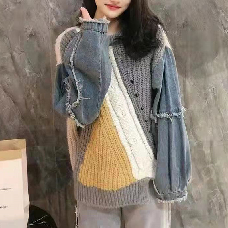 jinran 2024 fall fashion trends Denim Stitching Twist New Sweater Women's Spring and Autumn Pullover Top Slimming Temperament Loose Sweater Women's Clothing