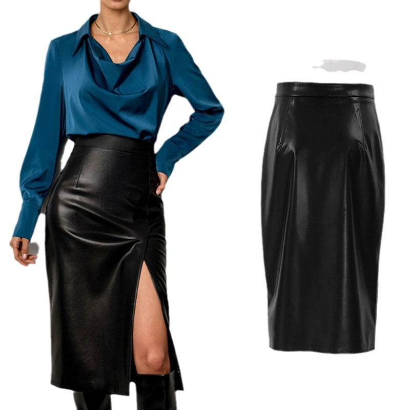 jinran work outfits women 2024 Spring and Autumn New Women's Leather Skirt Casual Split High Waist Skirt Hot Selling