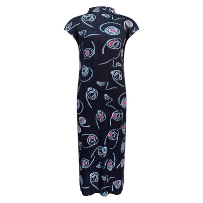 2025 summer new Miyake circle printing temperament high-waisted dress slim-fitting pleated semi-turtleneck A-shaped skirt