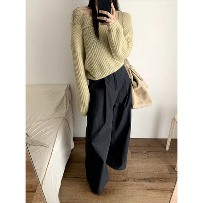 jinran Fall outfits Weaelab 2024 Autumn New Korean Style Loose Hollow Wool V-neck Knitted Sweater for Women Trendy Lw7275